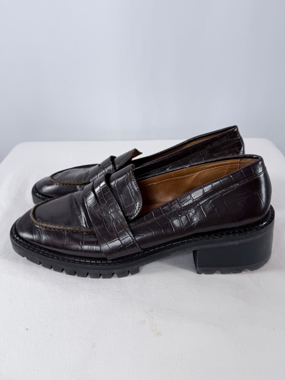 & Other Stories Croc Embossed Block Heel Loafers in Dark Brown Size 10.5 - Picture 3 of 11